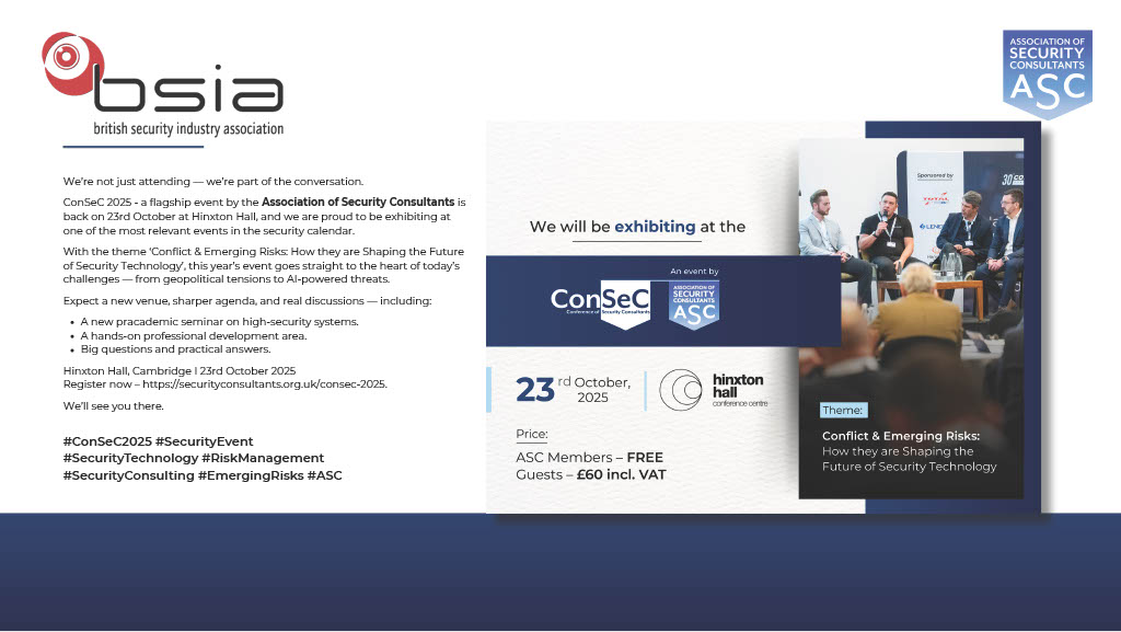 BSIA will be exhibiting at ConSeC Hosted by the Association of Security Consultants